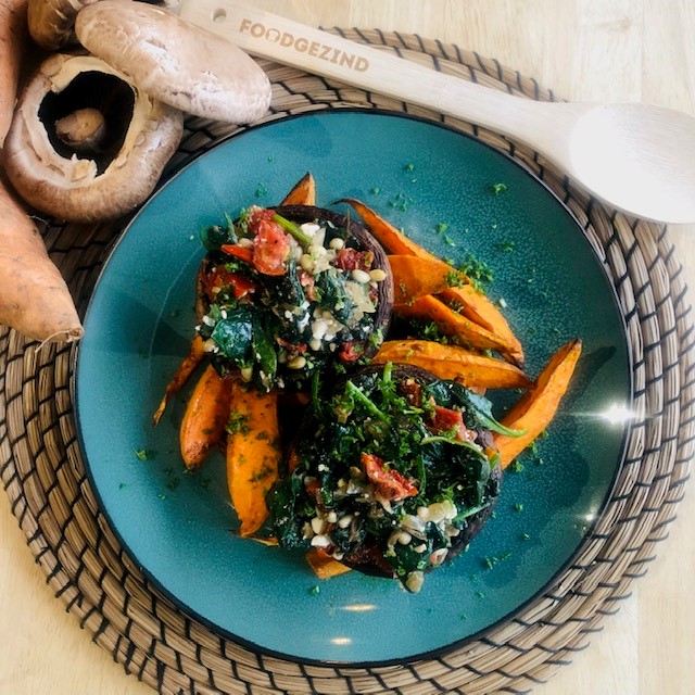 gevulde portobello spinazie geitenkaas zoete aardappel foodgezind