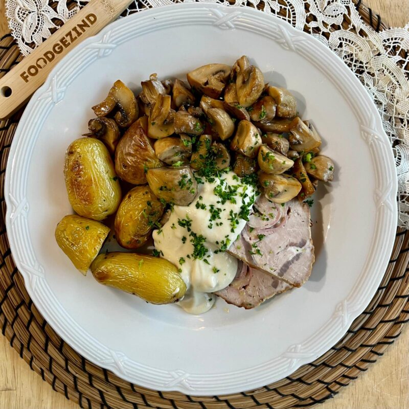 Kalfsgebraad orloff met gebakken champignons en krieltjes